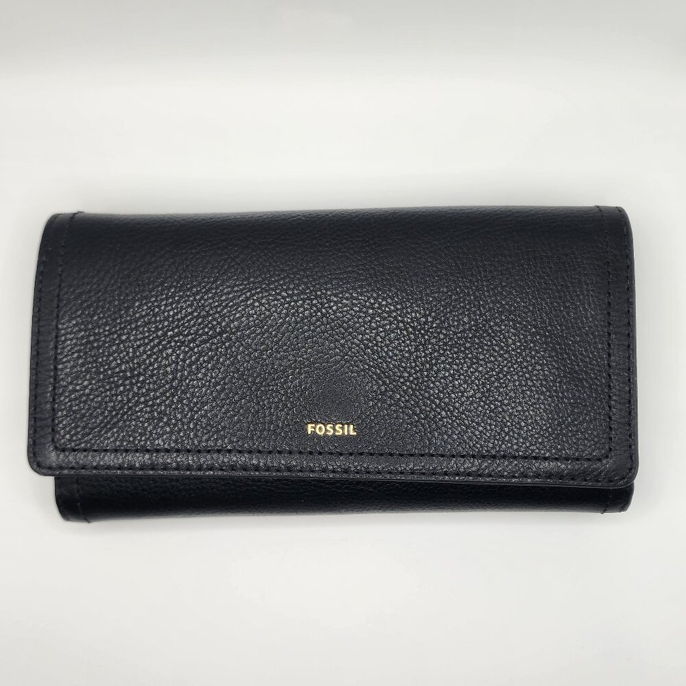 Fossil Black Pebbled Leather Full-Sized Wallet with Gold Hardware